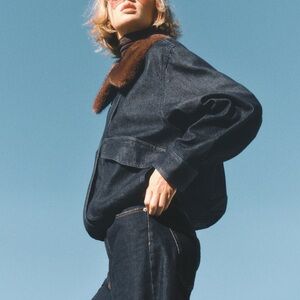 H&M Dark Denim Jean Jacket with Brown Fur Collar